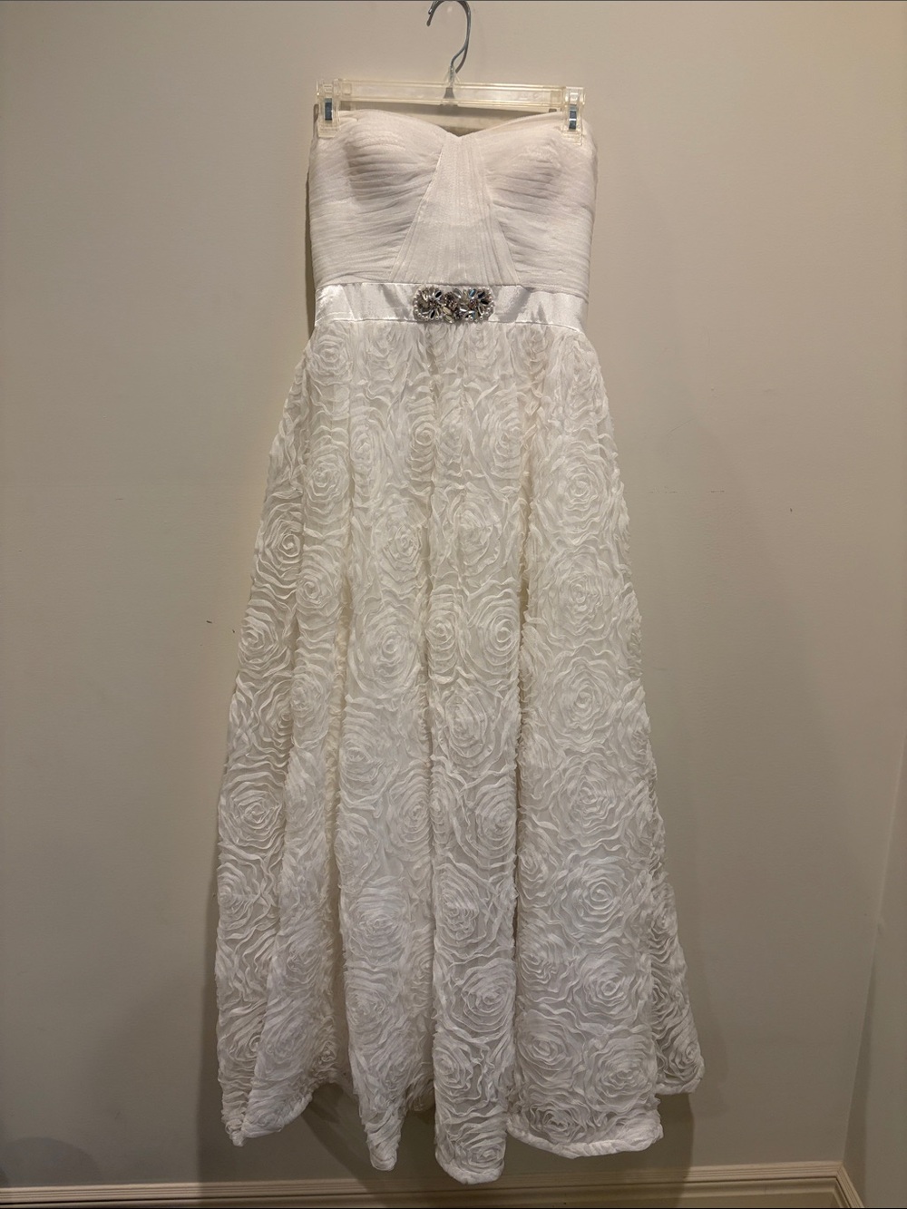 Strapless White Wedding Gown with Rosette Skirt and Crystal Belt